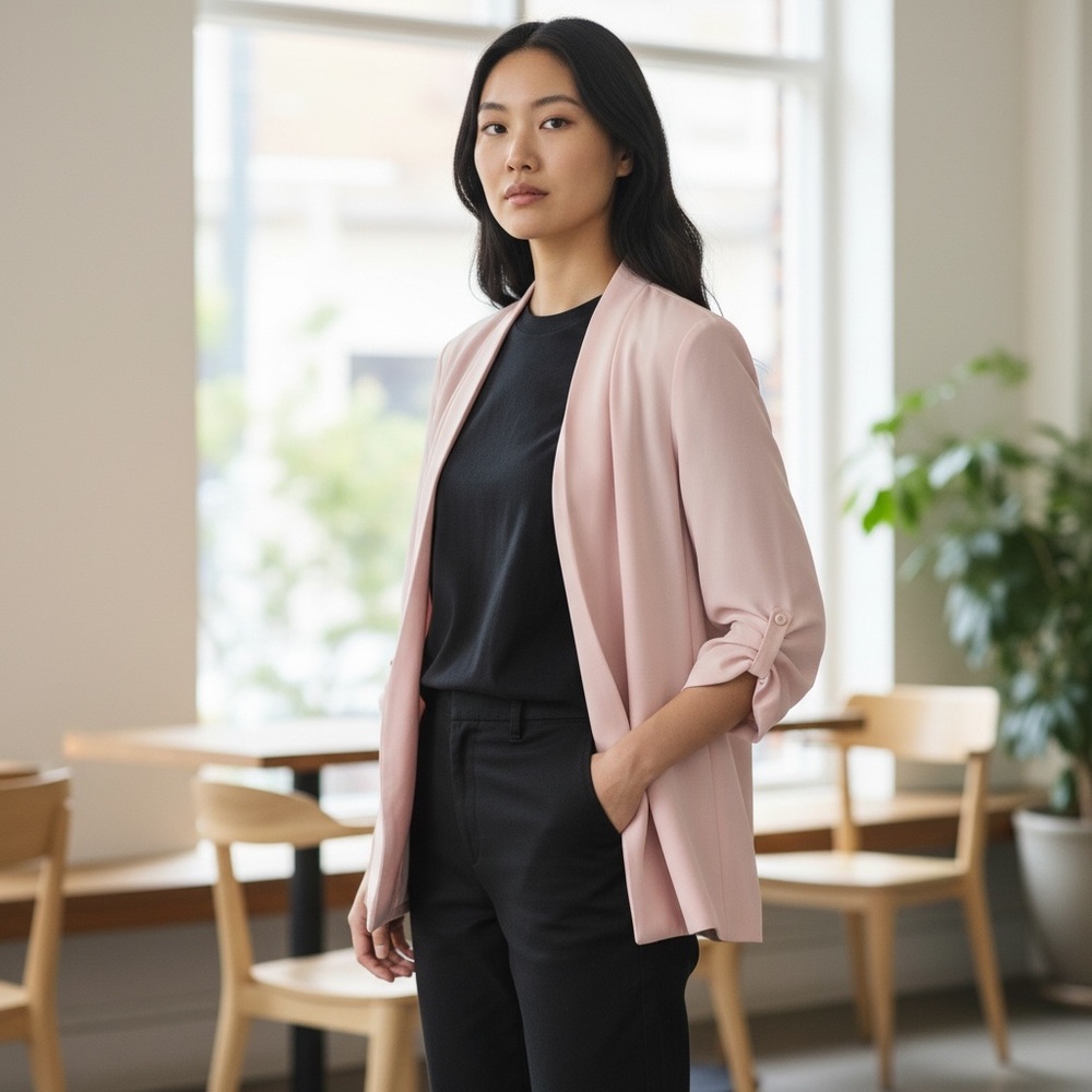 T Tahari Plus Open Front Blazer Jacket 3/4 Ruched Sleeves Blush Pink NWT 2X